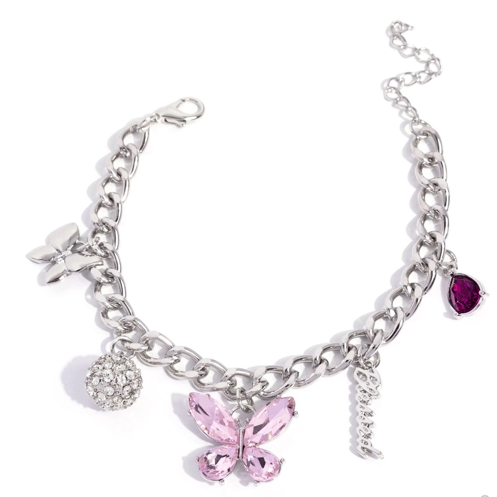Silver and Pink Butterfly & Blessed Charm Bracelet